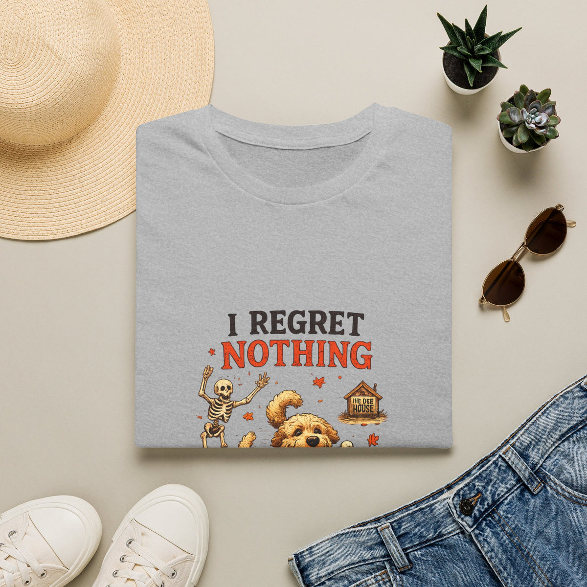 Funny Halloween Dog Shirt – I Regret Nothing | Skeleton Dog T-Shirt | Vintage Halloween Tee | Dog Lover Gift | Fall Graphic Tee