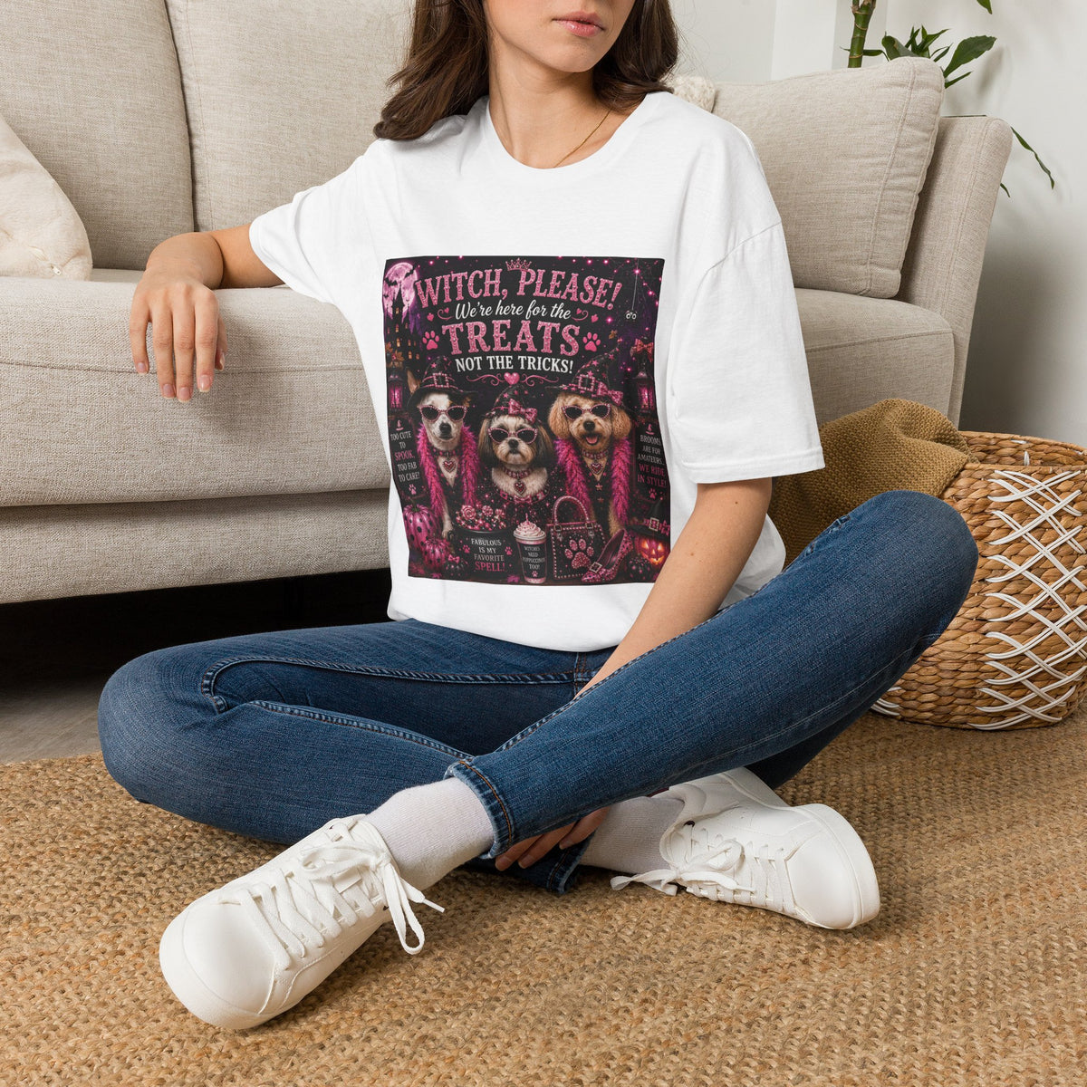 Funny Halloween Dog Shirt – Witch, Please! We're Here for the Treats, Not the Tricks! | Diva Dogs™ Halloween T-Shirt | Glam Dog Lover Tee | Dog Mom Gift