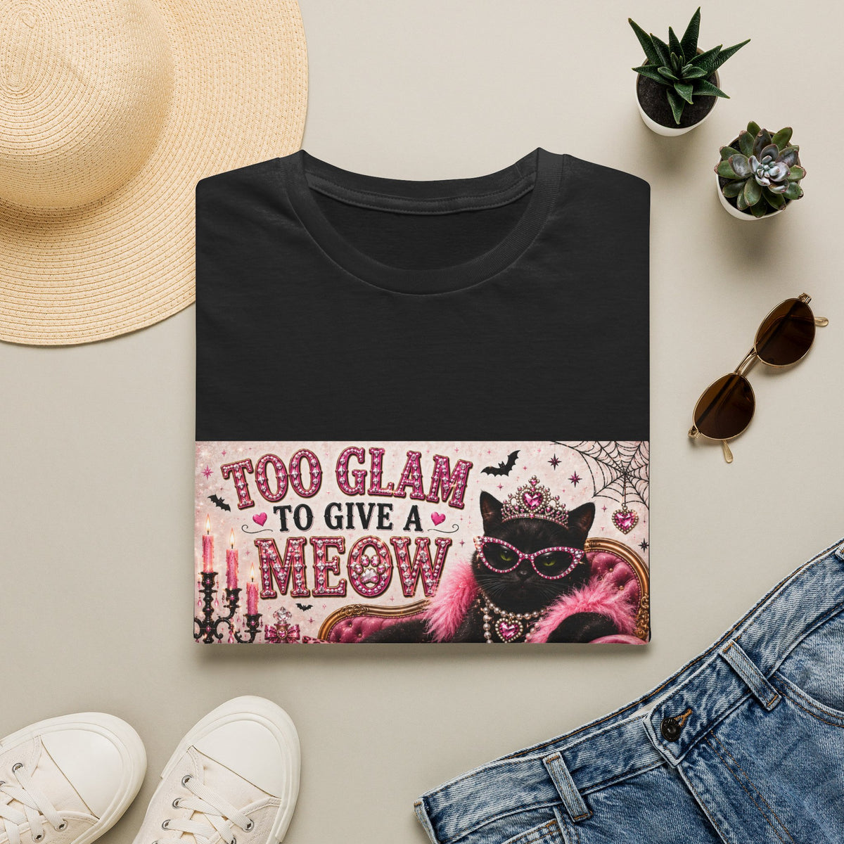 Too Glam to Give a Meow | Classy Cats™ Halloween T-Shirt | Funny Black Cat Shirt | Cat Mom Gift | Glam Cat Lover Tee | Halloween Apparel