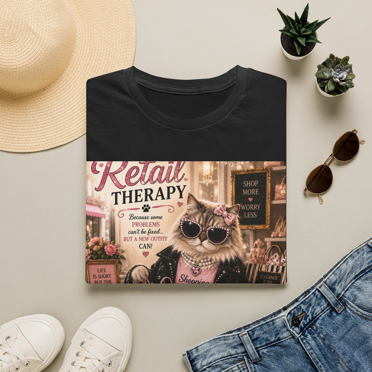 Retail Therapy | Classy Cats™ T-Shirt | Funny Shopping Cat Shirt | Cat Mom Gift | Boutique Fashion Tee | Shopaholic Apparel