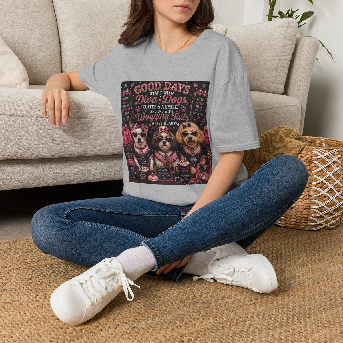 Good Days Start with Diva Dogs, Coffee & a Smile! | Diva Dogs™ Coffee Lover T-Shirt | Cute Dog Mom Shirt | Glam Dog Lover Tee | Everyday Pet Gift