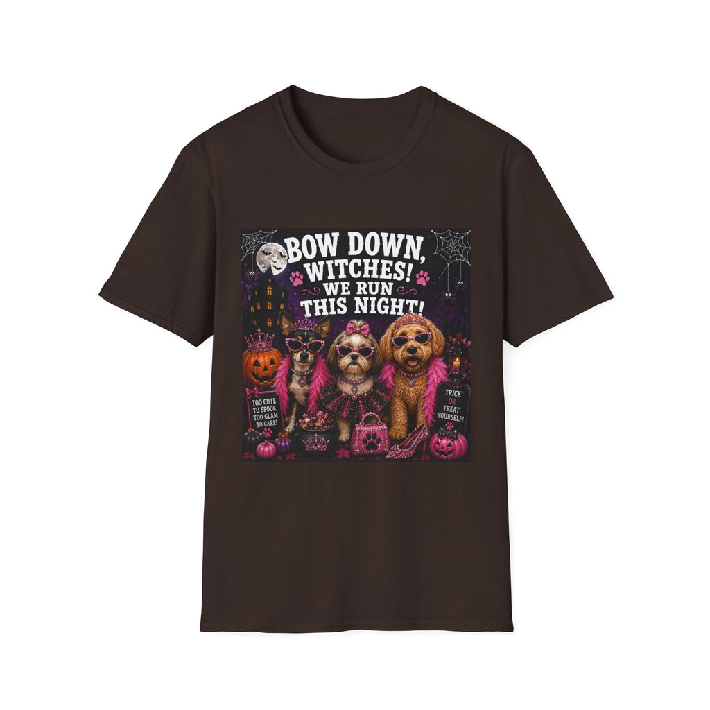 Funny Halloween Dog Shirt – Bow Down, Witches! We Run This Night! | Diva Dogs™ Halloween T-Shirt | Glam Dog Lover Tee | Dog Mom Gift
