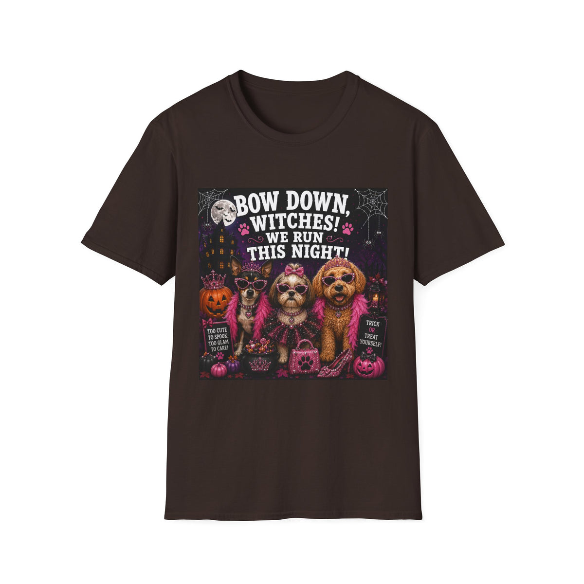 Funny Halloween Dog Shirt – Bow Down, Witches! We Run This Night! | Diva Dogs™ Halloween T-Shirt | Glam Dog Lover Tee | Dog Mom Gift