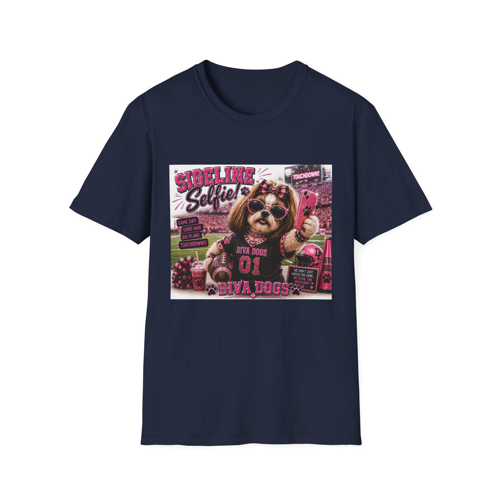Sideline Selfie!™ | Diva Dogs™ | Funny Football Dog Lover T-Shirt | Glam Game Day Selfie Tee