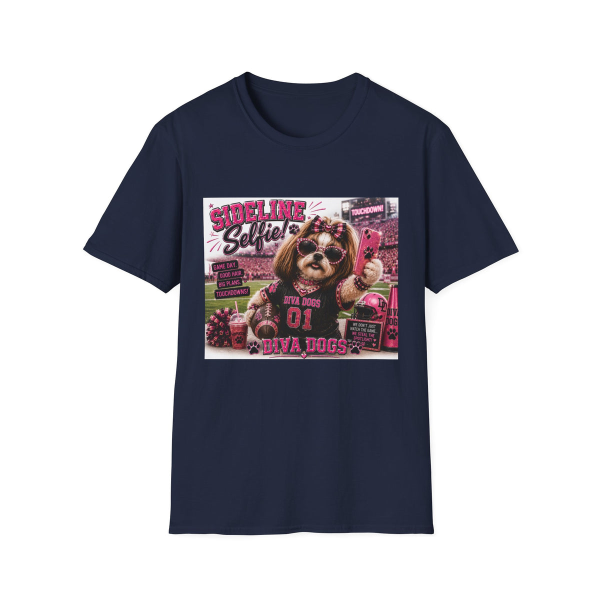 Sideline Selfie!™ | Diva Dogs™ | Funny Football Dog Lover T-Shirt | Glam Game Day Selfie Tee
