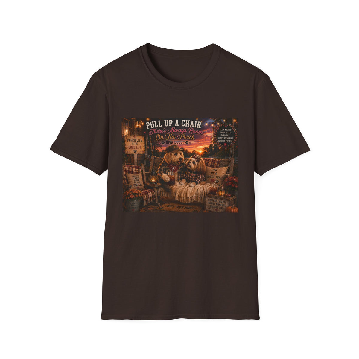 Pull up a chair™ | Porch Dogs™ Collection | Cozy Country Dog Lover T-Shirt
