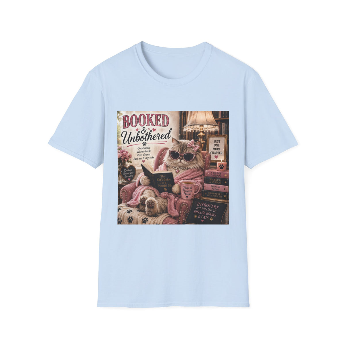Booked & Unbothered | Classy Cats™ T-Shirt | Funny Reading Cat Shirt | Book Lover Gift | Cat Mom Tee | Cozy Reader Apparel