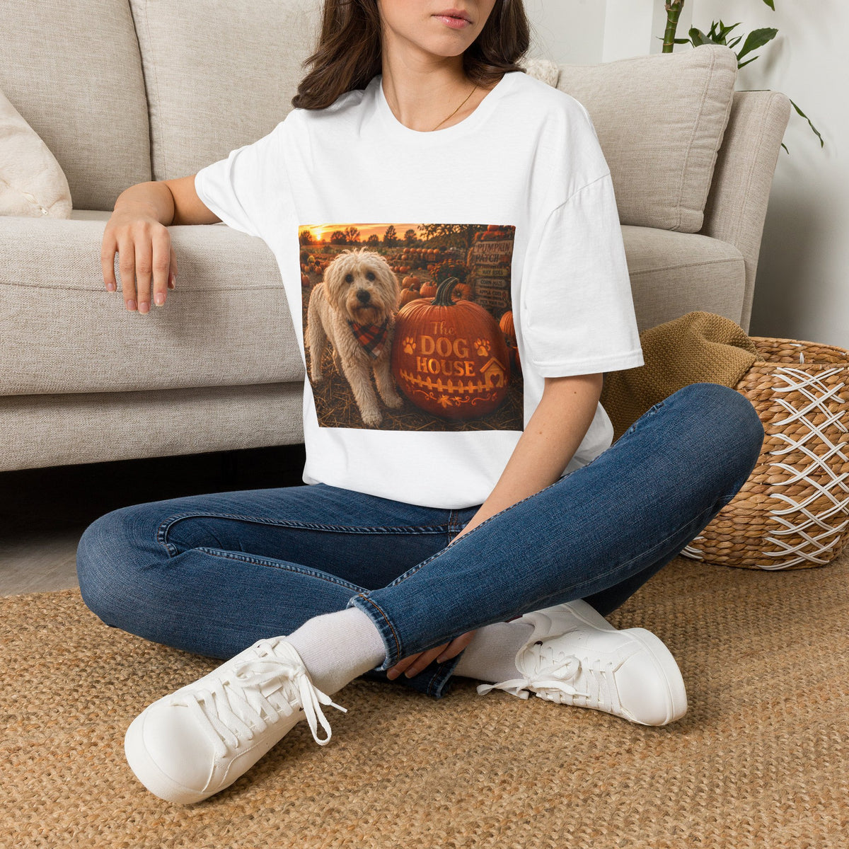 Welcome to The Dog House™ Pumpkin Patch | Maddie's Fall Pumpkin T-Shirt | Cozy Autumn Dog Lover Shirt