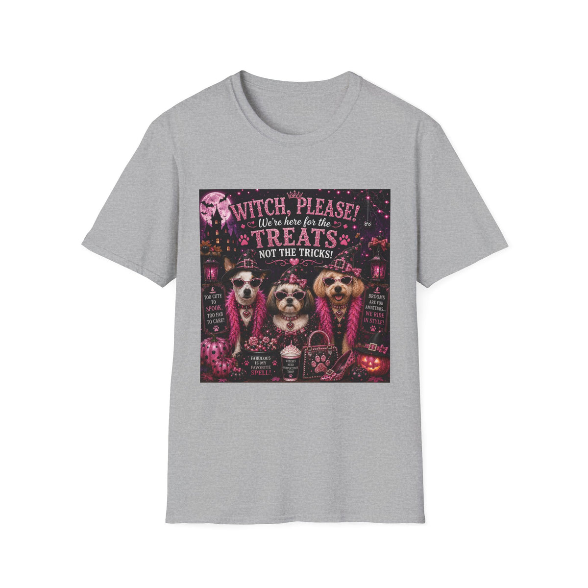 Funny Halloween Dog Shirt – Witch, Please! We're Here for the Treats, Not the Tricks! | Diva Dogs™ Halloween T-Shirt | Glam Dog Lover Tee | Dog Mom Gift