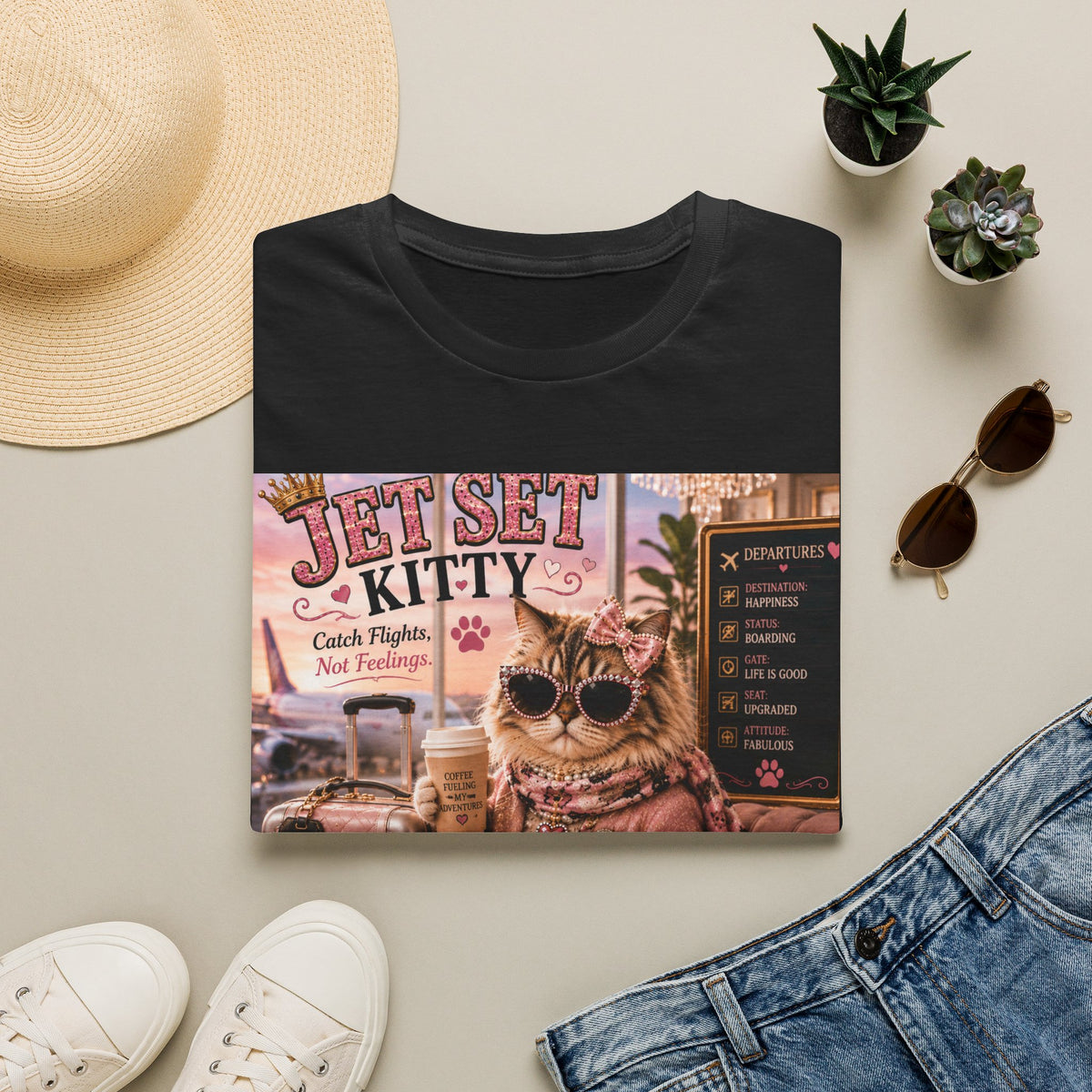 Jet Set Kitty | Classy Cats™ T-Shirt | Funny Travel Cat Shirt | Cat Mom Gift | Vacation Lover Tee | Travel Apparel