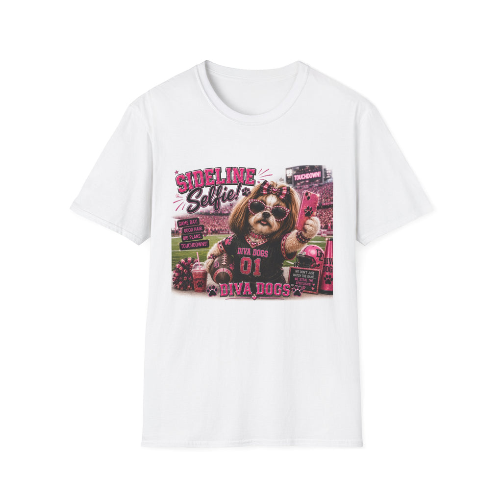 Sideline Selfie!™ | Diva Dogs™ | Funny Football Dog Lover T-Shirt | Glam Game Day Selfie Tee