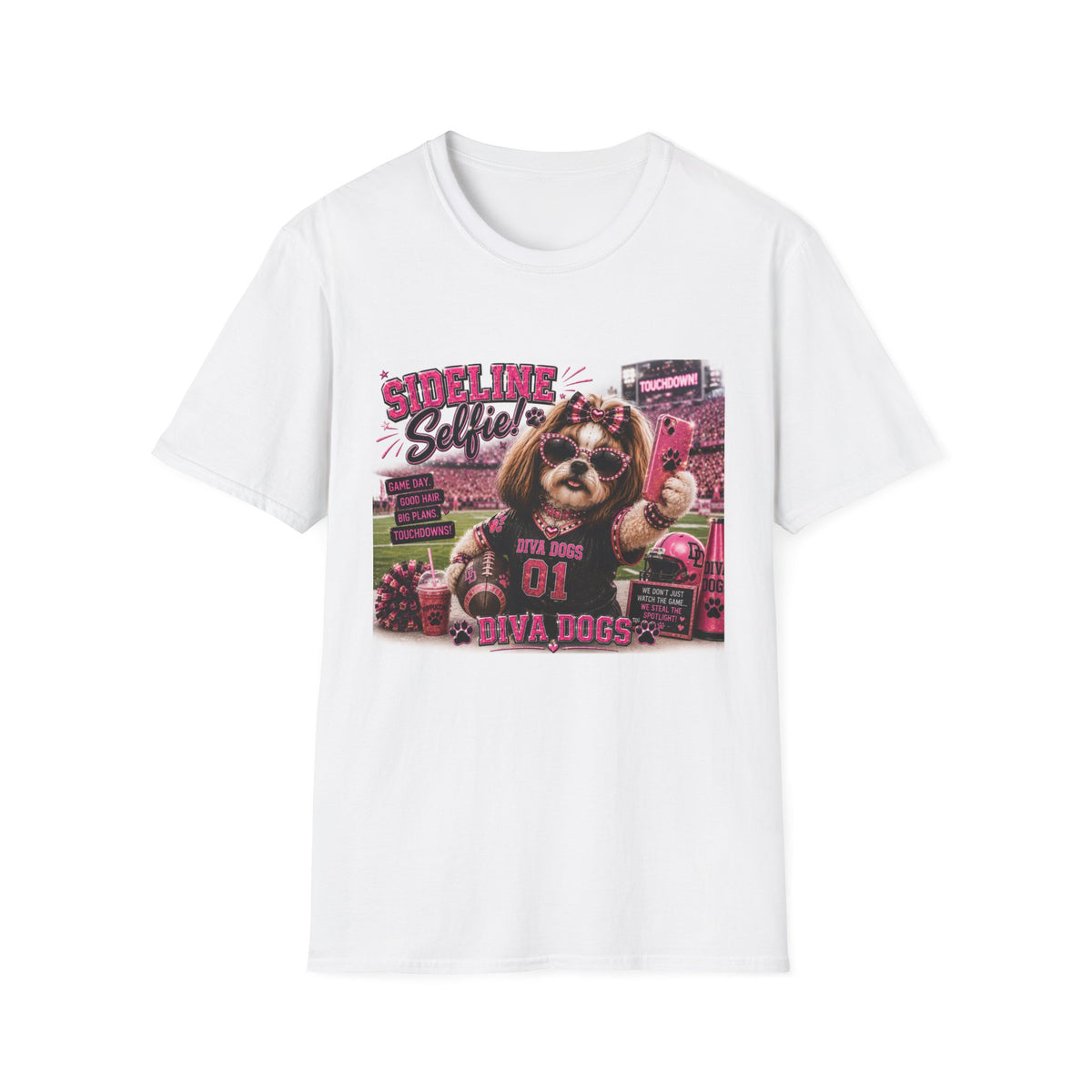 Sideline Selfie!™ | Diva Dogs™ | Funny Football Dog Lover T-Shirt | Glam Game Day Selfie Tee