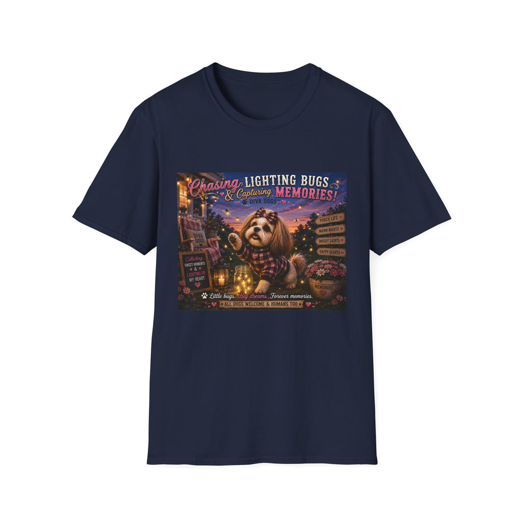 Chasing Lightning Bugs & Capturing Memories!™ | Diva Dogs™ | Cozy Fall Dog Lover T-Shirt | Porch Life Collection