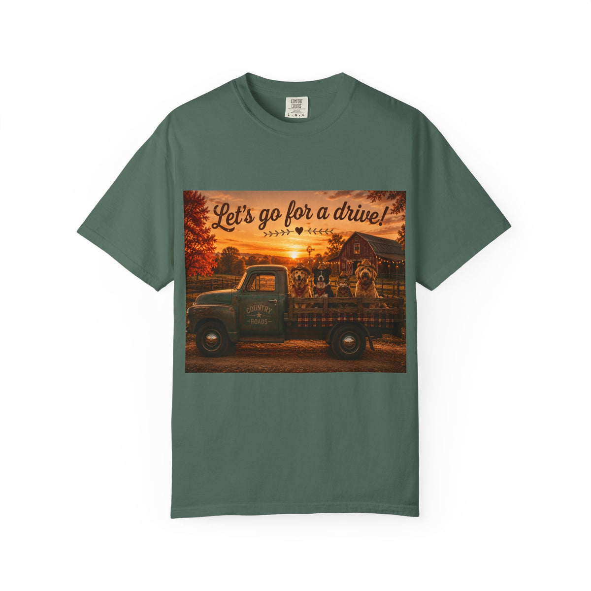 Let's Go for a Drive! | Barn Buddies™ Country Roads T-Shirt | Funny Dog & Cat Fall Shirt | Vintage Farmhouse Autumn Tee