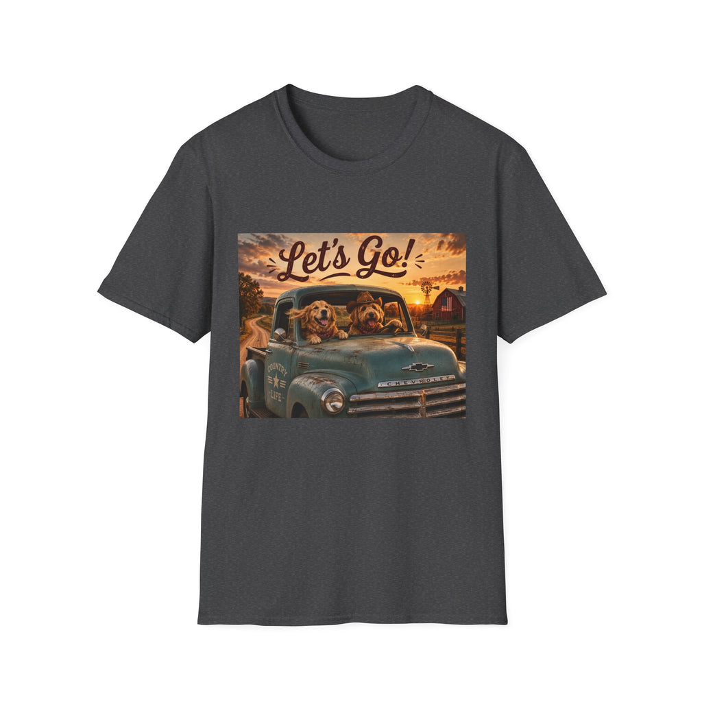 Let's Go! | Barn Buddies™ Country Roads T-Shirt | Funny Farm Dog Road Trip Shirt | Vintage Chevy Country Life Tee