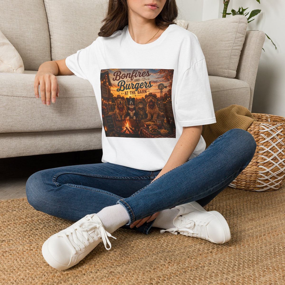 Bonfires & Burgers at the Barn | Barn Buddies™ Fall T-Shirt | Funny Country Dog & Cat Autumn Shirt | Farmhouse Bonfire Tee