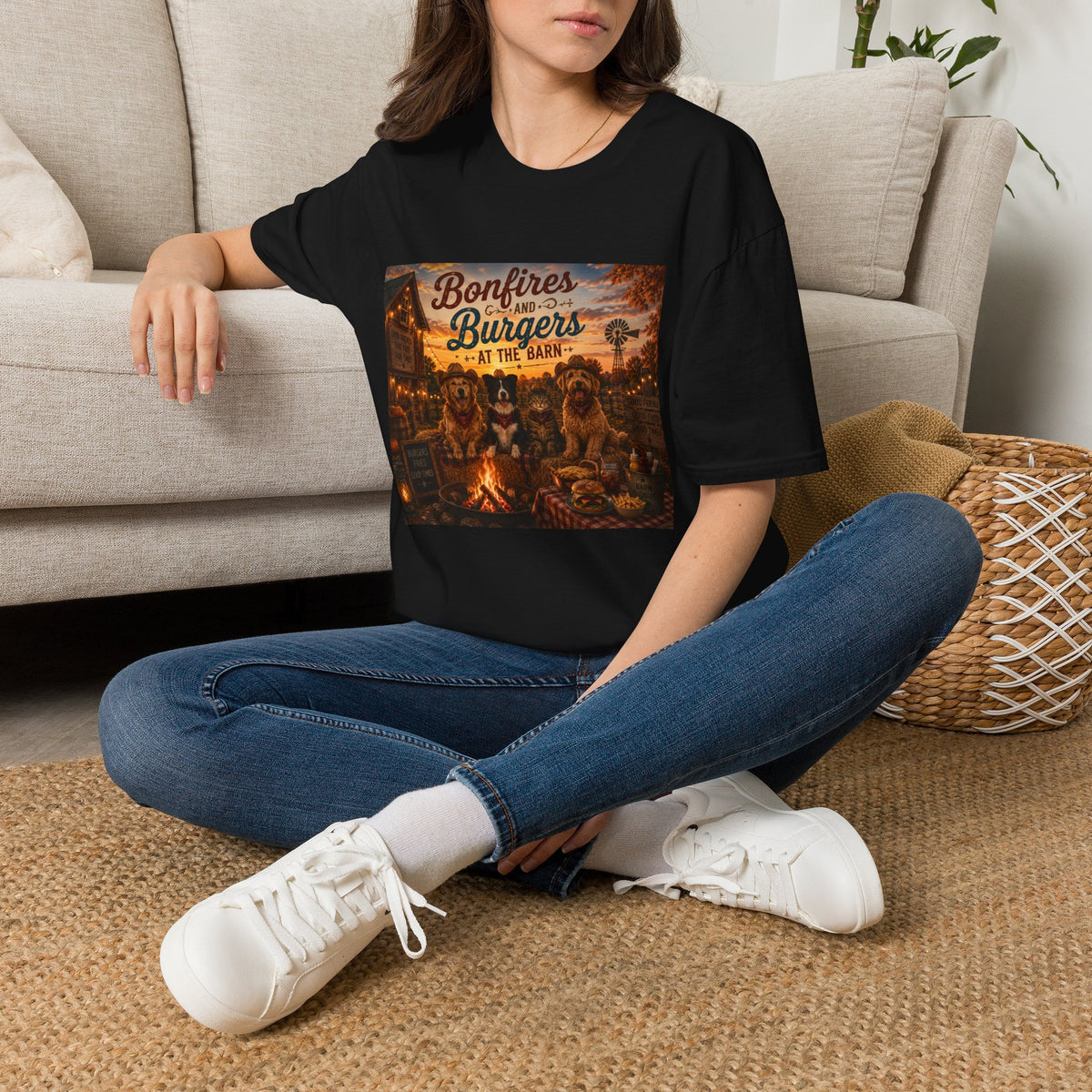 Bonfires & Burgers at the Barn | Barn Buddies™ Fall T-Shirt | Funny Country Dog & Cat Autumn Shirt | Farmhouse Bonfire Tee