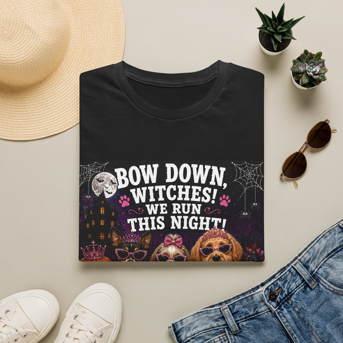 Funny Halloween Dog Shirt – Bow Down, Witches! We Run This Night! | Diva Dogs™ Halloween T-Shirt | Glam Dog Lover Tee | Dog Mom Gift