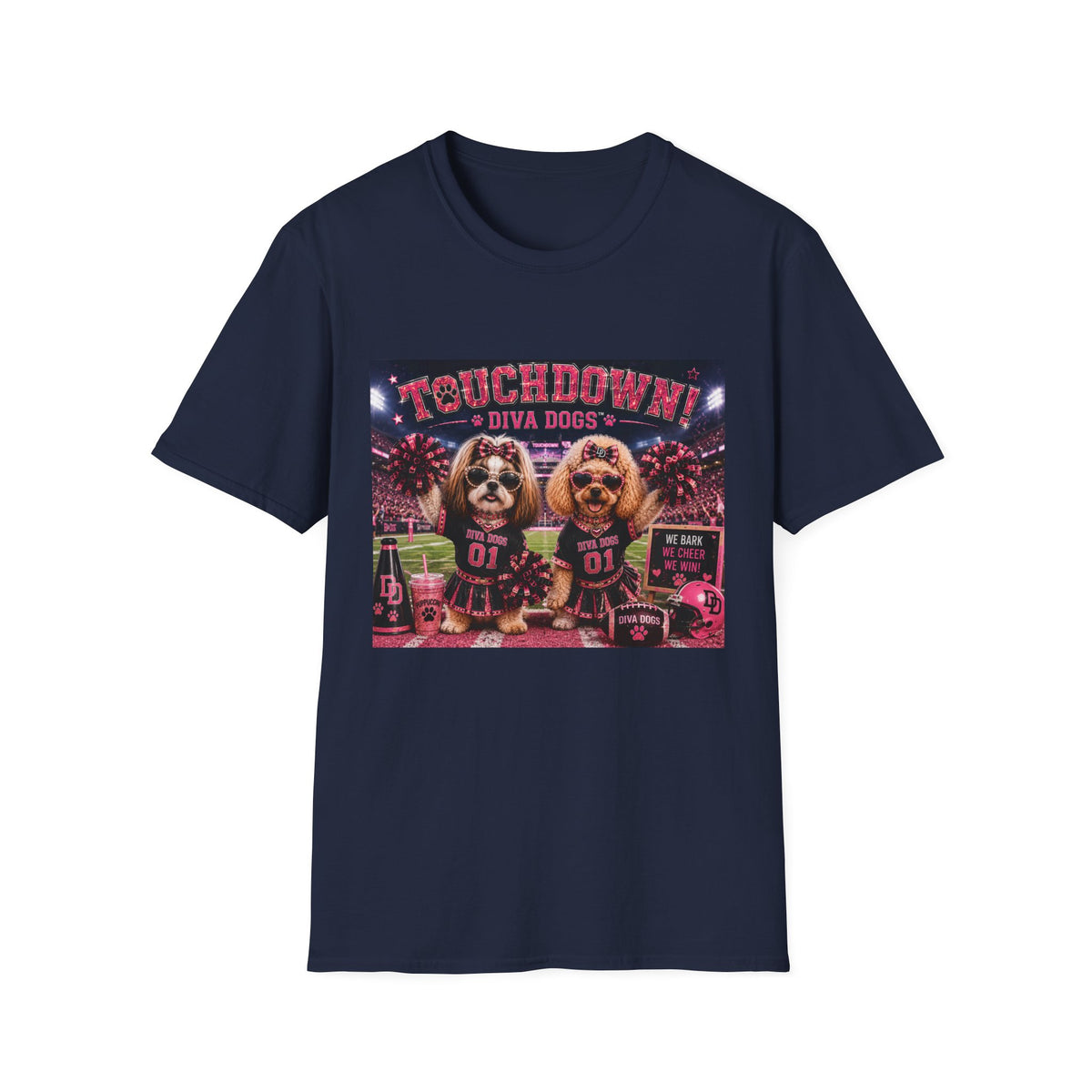 We Bark. We Cheer. We Win!™ | Diva Dogs™ | Football Game Day Dog Lover T-Shirt | Stadium Spirit Edition
