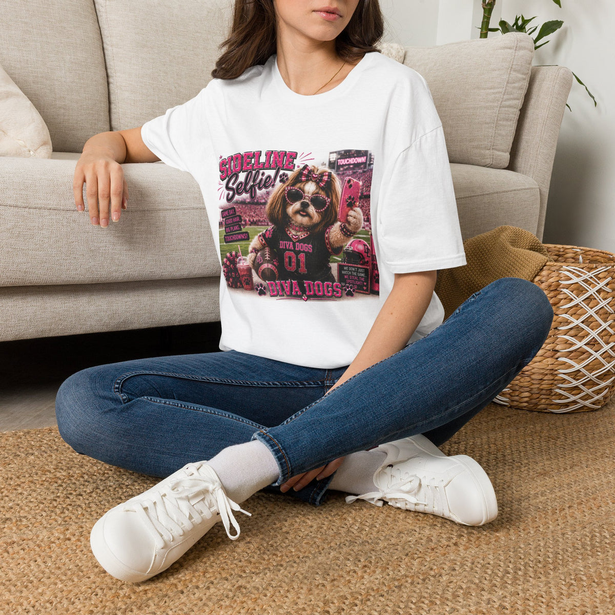 Sideline Selfie!™ | Diva Dogs™ | Funny Football Dog Lover T-Shirt | Glam Game Day Selfie Tee