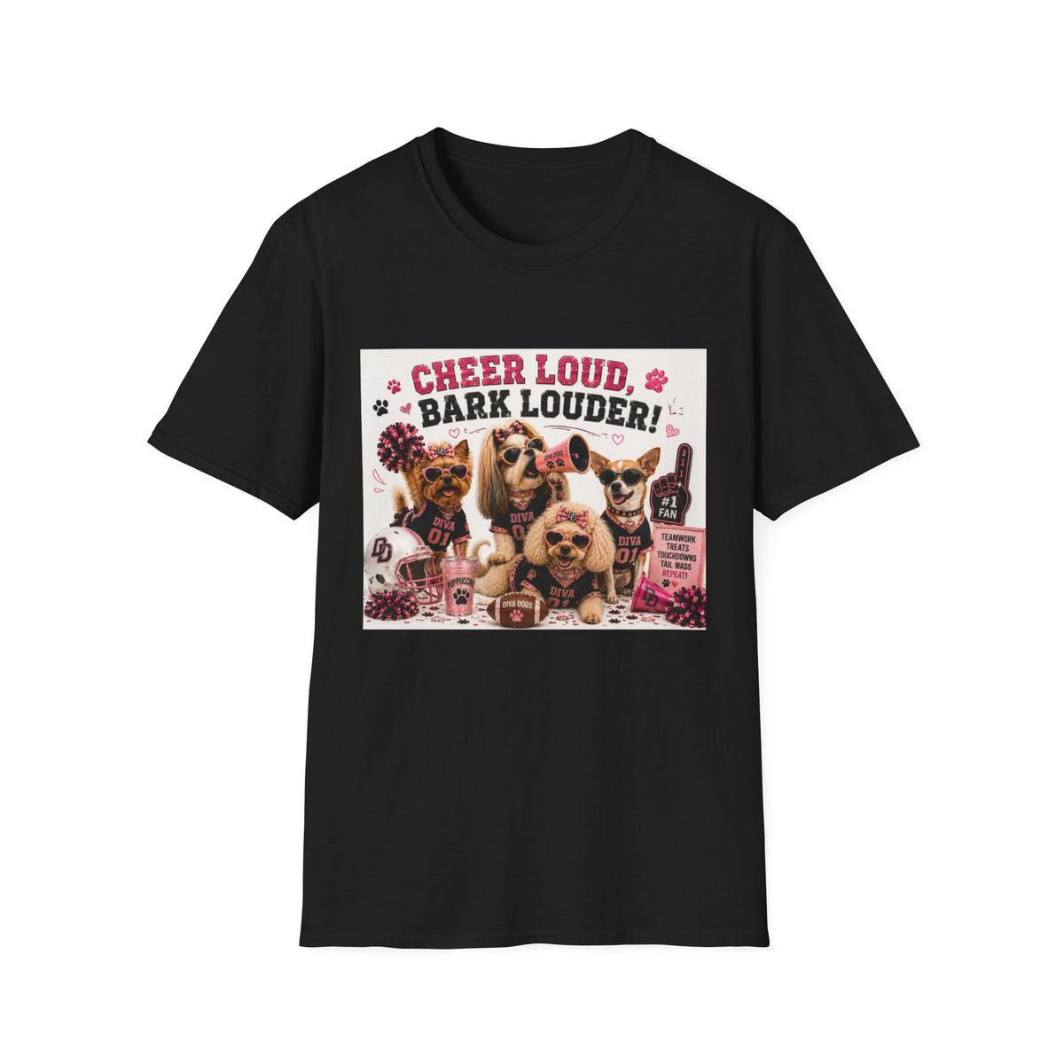 Cheer Loud, Bark Louder!™ | Diva Dogs™ | Football Game Day Dog Lover T-Shirt | Glam Tailgate Tee