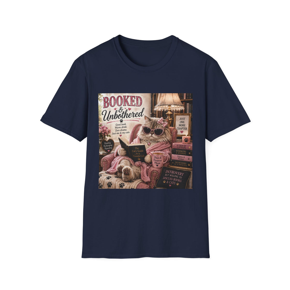 Booked & Unbothered | Classy Cats™ T-Shirt | Funny Reading Cat Shirt | Book Lover Gift | Cat Mom Tee | Cozy Reader Apparel