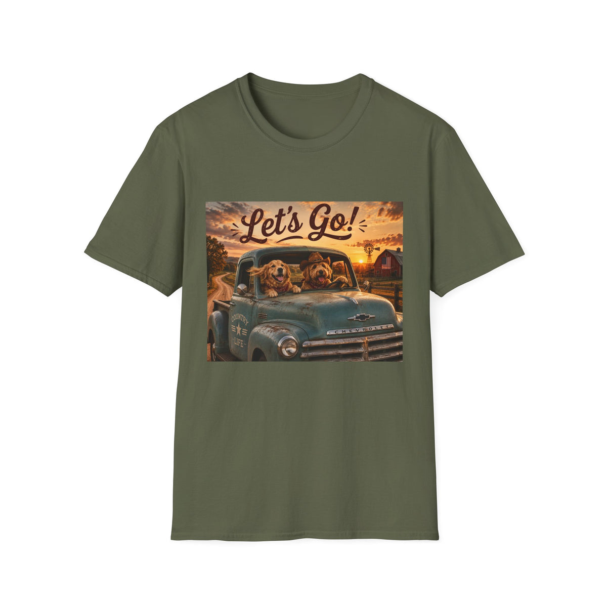 Let's Go! | Barn Buddies™ Country Roads T-Shirt | Funny Farm Dog Road Trip Shirt | Vintage Chevy Country Life Tee