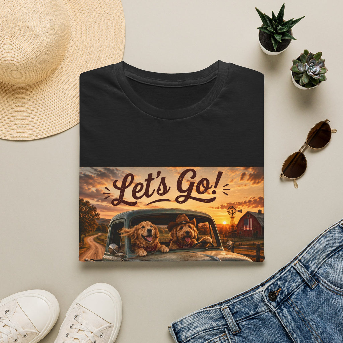 Let's Go! | Barn Buddies™ Country Roads T-Shirt | Funny Farm Dog Road Trip Shirt | Vintage Chevy Country Life Tee