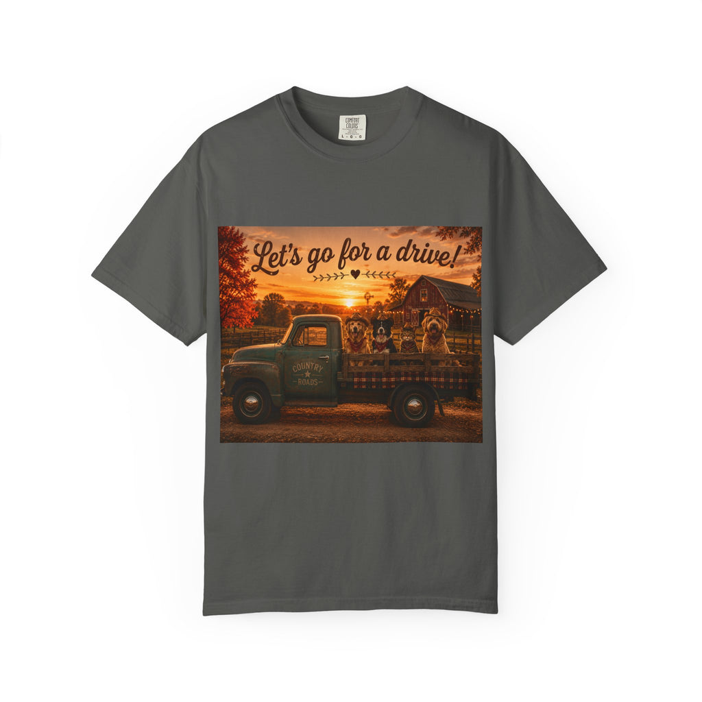 Let's Go for a Drive! | Barn Buddies™ Country Roads T-Shirt | Funny Dog & Cat Fall Shirt | Vintage Farmhouse Autumn Tee