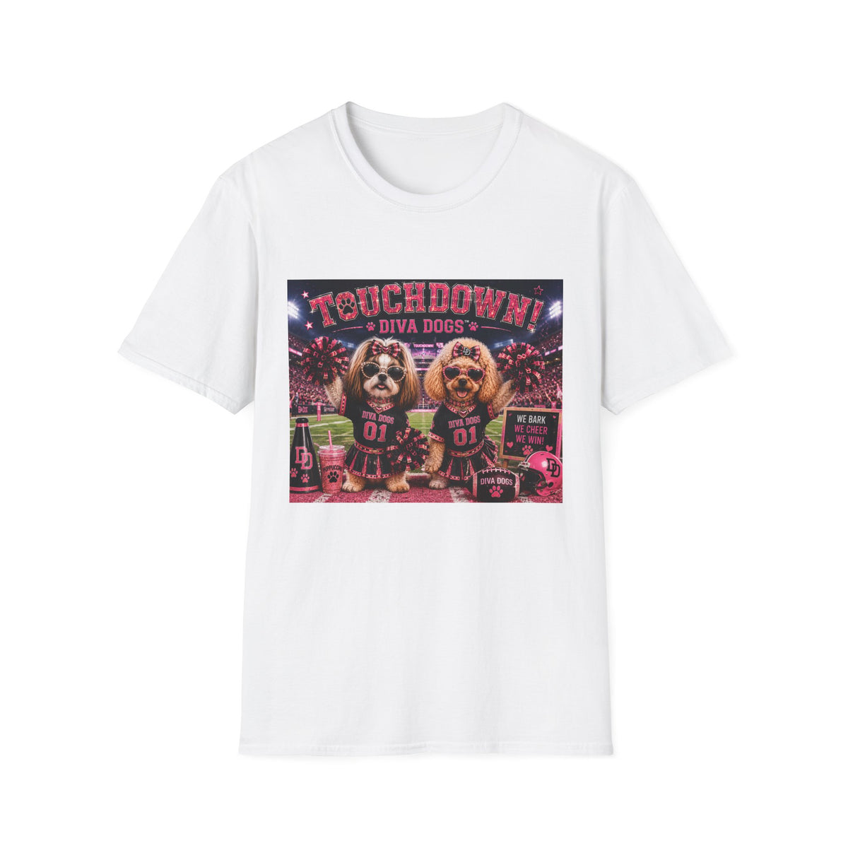 We Bark. We Cheer. We Win!™ | Diva Dogs™ | Football Game Day Dog Lover T-Shirt | Stadium Spirit Edition