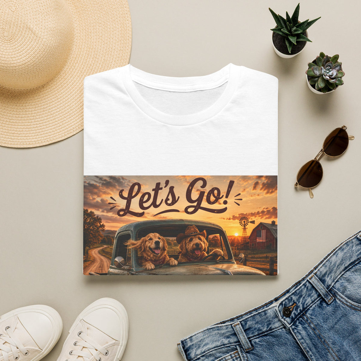Let's Go! | Barn Buddies™ Country Roads T-Shirt | Funny Farm Dog Road Trip Shirt | Vintage Chevy Country Life Tee