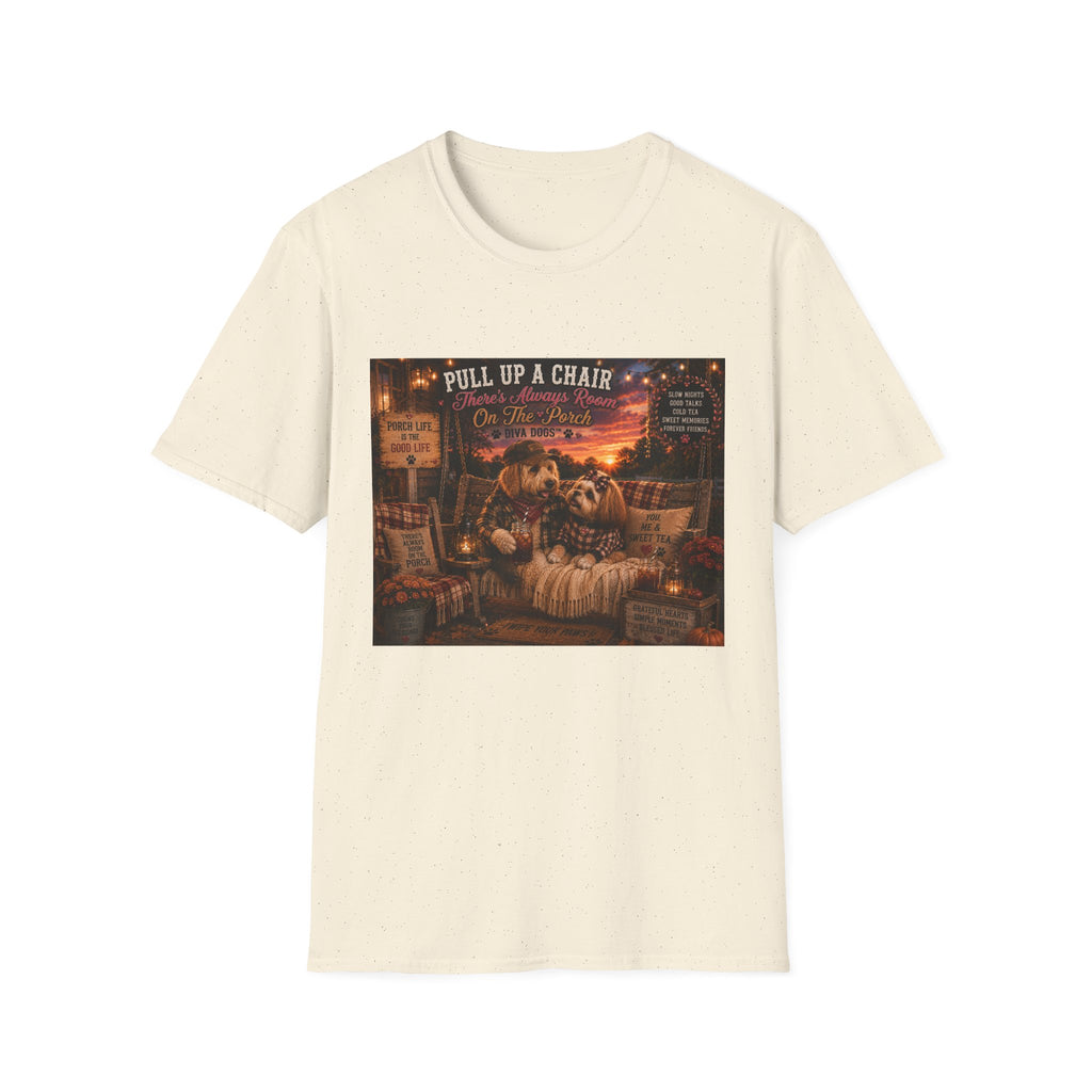 Pull up a chair™ | Porch Dogs™ Collection | Cozy Country Dog Lover T-Shirt