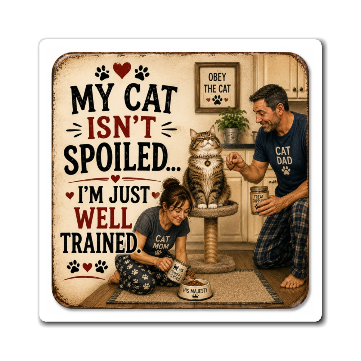 My Cat Isn’t Spoiled… I’m Just Well Trained” Funny Cat Magnet | Cat Parent Gift | The Dog House™