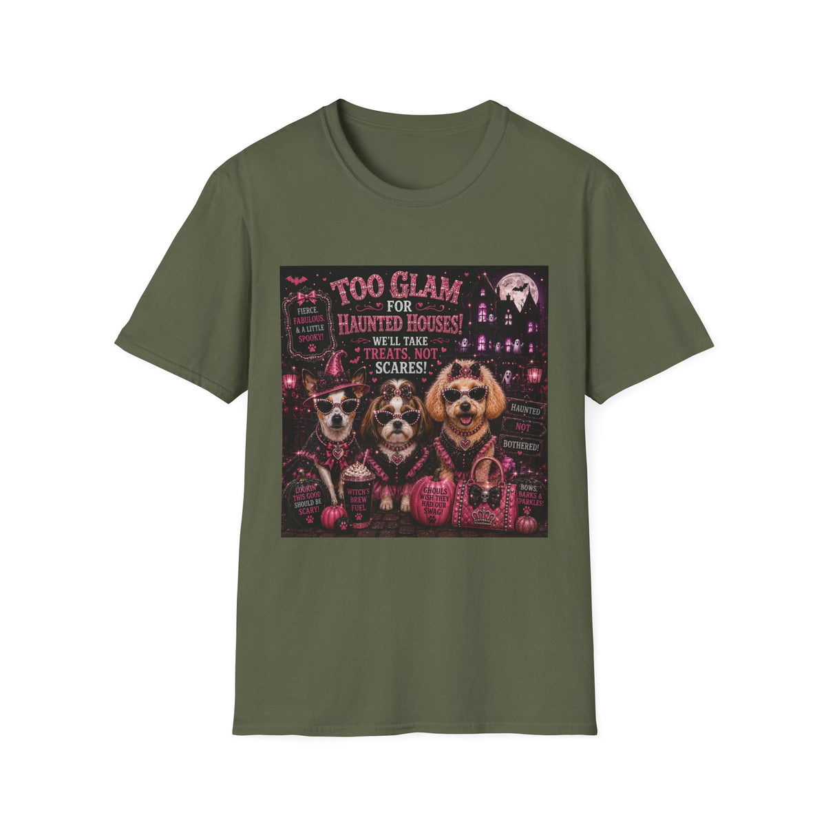 Too Glam for Haunted Houses! We'll Take Treats, Not Scares! | Diva Dogs™ Halloween T-Shirt | Funny Dog Lover Shirt | Dog Mom Gift | Glam Halloween Tee