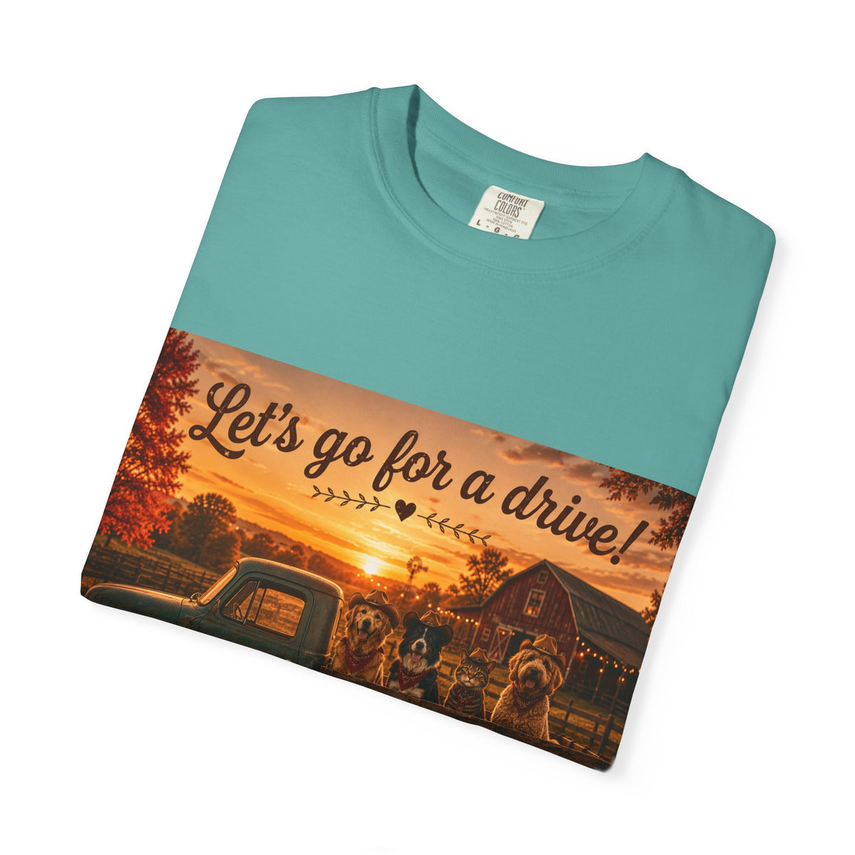 Let's Go for a Drive! | Barn Buddies™ Country Roads T-Shirt | Funny Dog & Cat Fall Shirt | Vintage Farmhouse Autumn Tee