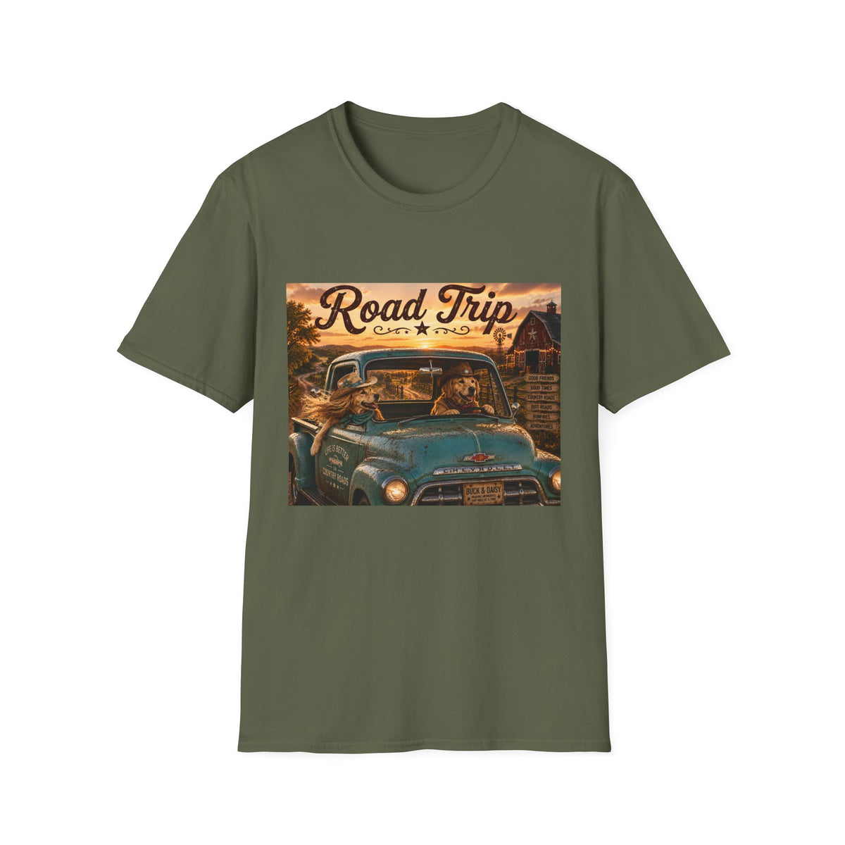 Road Trip | Barn Buddies™ Country Roads T-Shirt | Funny Cowboy Dog Fall Shirt | Vintage Farmhouse Country Life Tee
