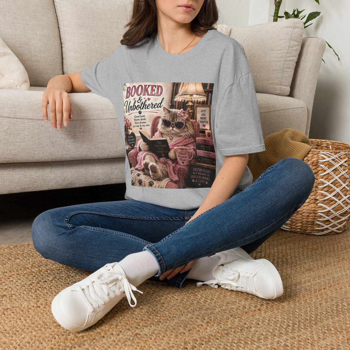 Booked & Unbothered | Classy Cats™ T-Shirt | Funny Reading Cat Shirt | Book Lover Gift | Cat Mom Tee | Cozy Reader Apparel