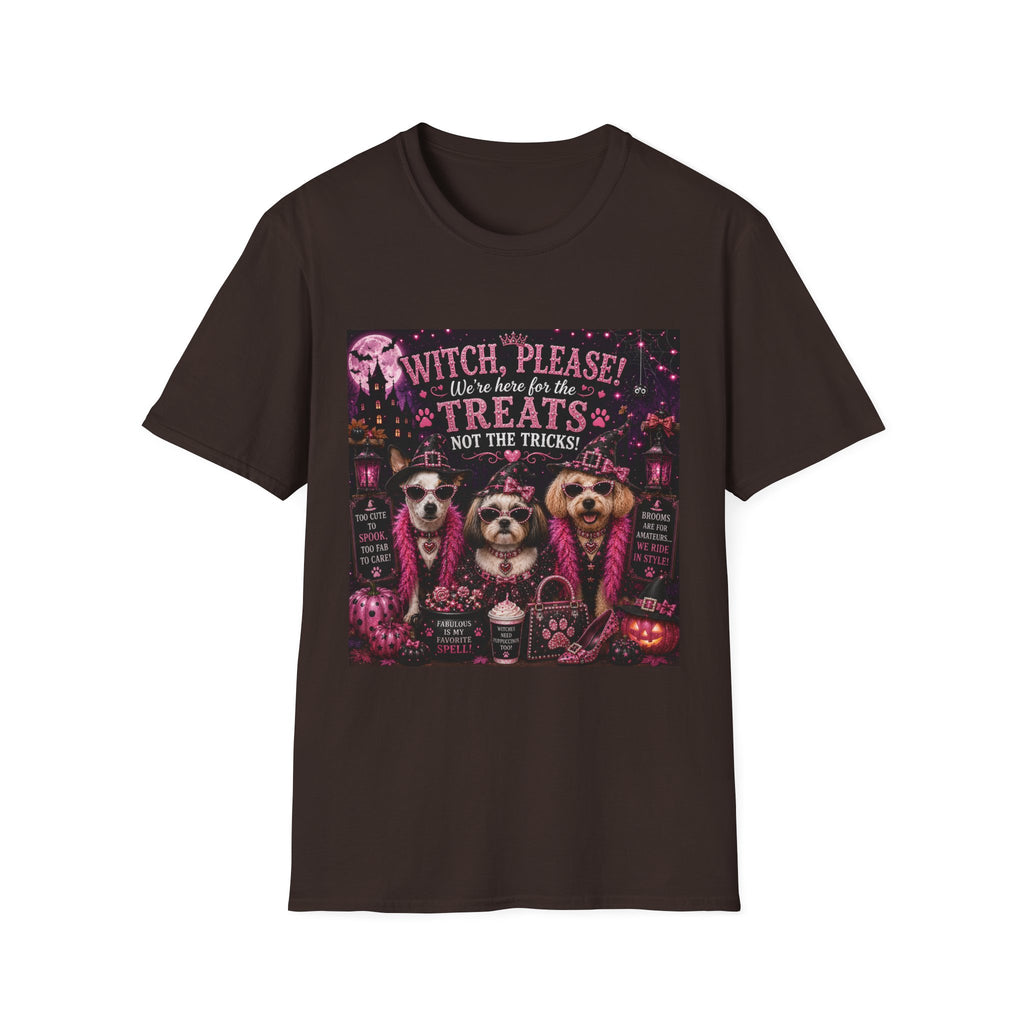 Funny Halloween Dog Shirt – Witch, Please! We're Here for the Treats, Not the Tricks! | Diva Dogs™ Halloween T-Shirt | Glam Dog Lover Tee | Dog Mom Gift