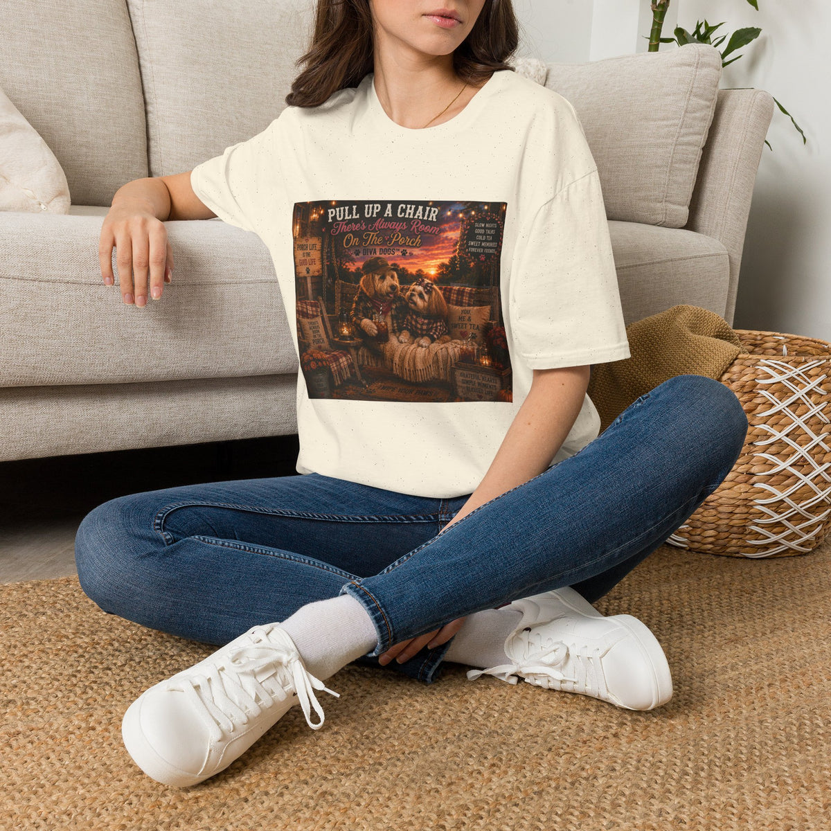 Pull up a chair™ | Porch Dogs™ Collection | Cozy Country Dog Lover T-Shirt