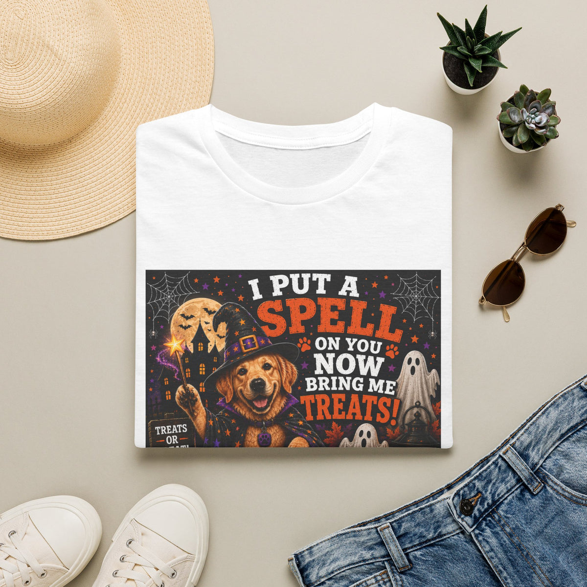 Funny Halloween Dog Shirt – I Put a Spell on You, Now Bring Me Treats! | Cute Witch Dog T-Shirt | Halloween Dog Lover Tee | Fall Graphic Shirt | Dog Mom Gift