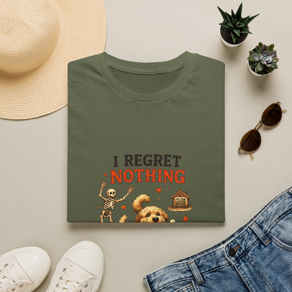 Funny Halloween Dog Shirt – I Regret Nothing | Skeleton Dog T-Shirt | Vintage Halloween Tee | Dog Lover Gift | Fall Graphic Tee