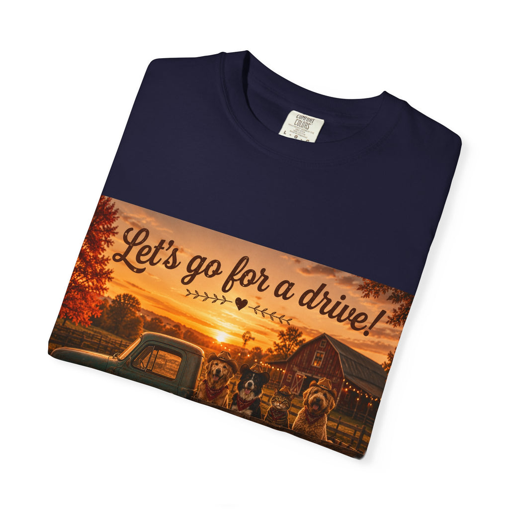 Let's Go for a Drive! | Barn Buddies™ Country Roads T-Shirt | Funny Dog & Cat Fall Shirt | Vintage Farmhouse Autumn Tee