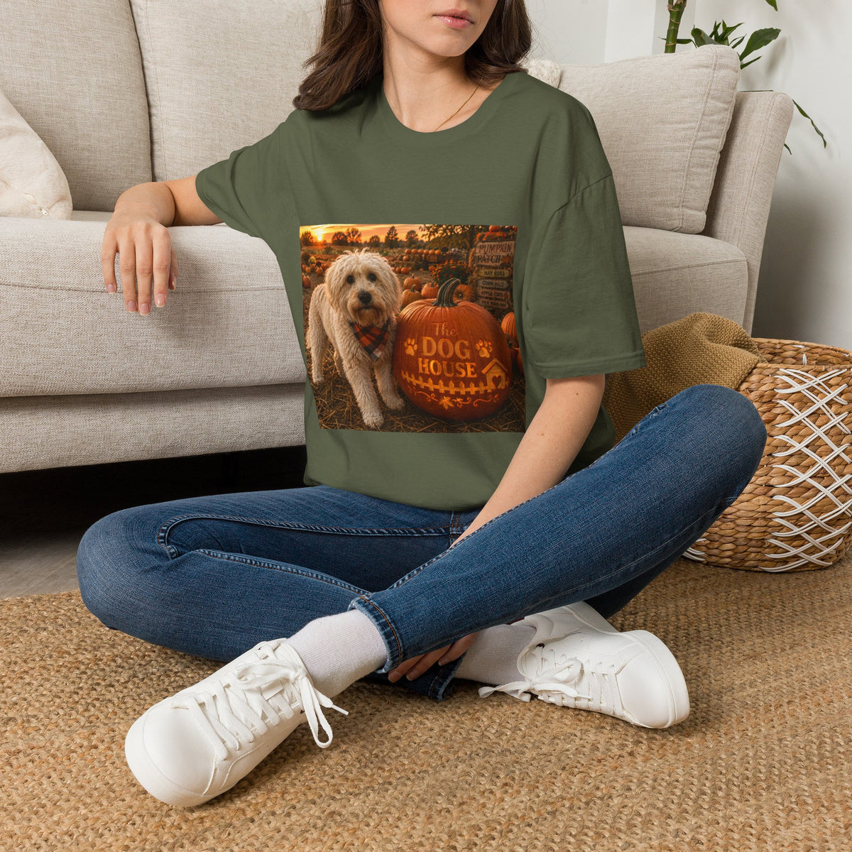 Welcome to The Dog House™ Pumpkin Patch | Maddie's Fall Pumpkin T-Shirt | Cozy Autumn Dog Lover Shirt
