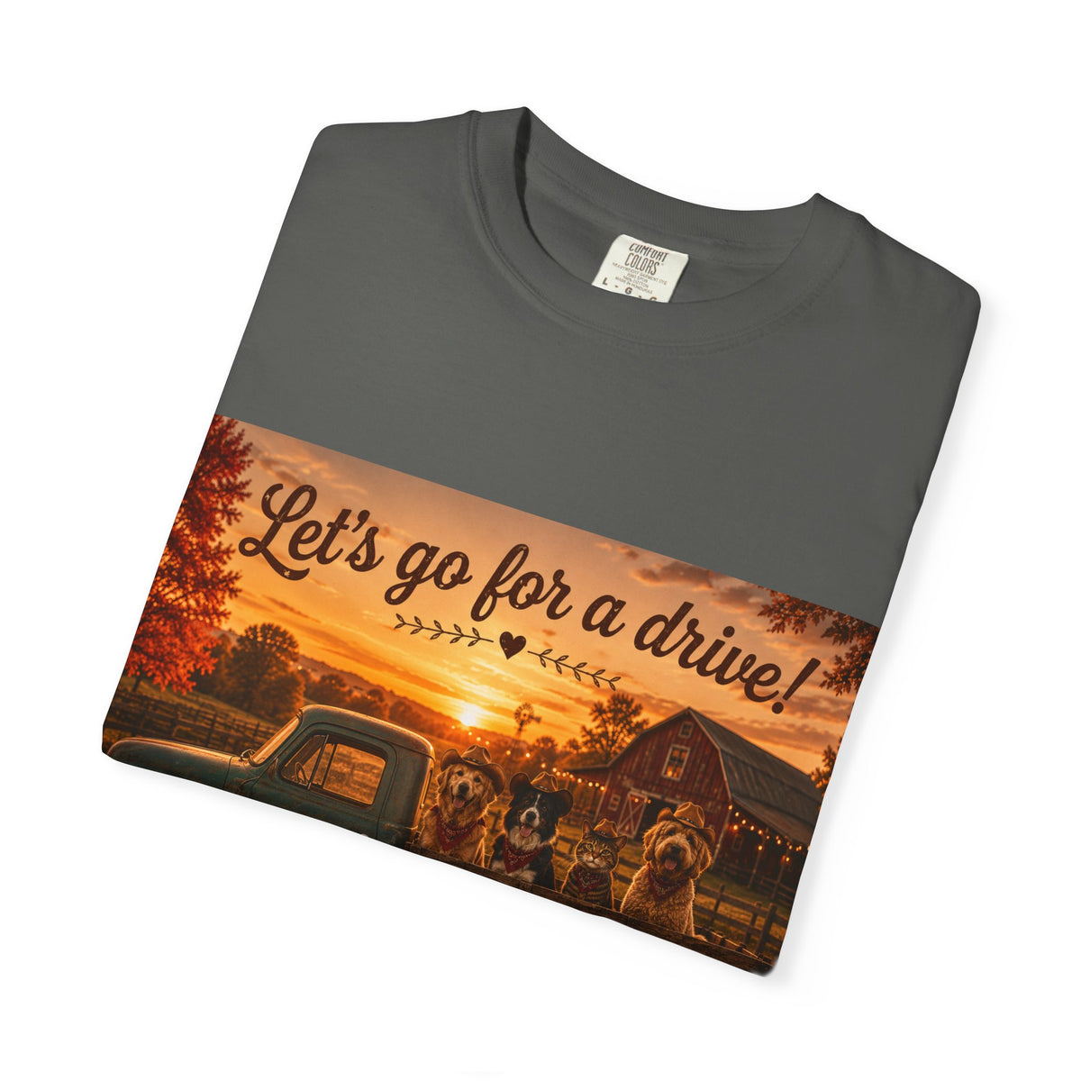 Let's Go for a Drive! | Barn Buddies™ Country Roads T-Shirt | Funny Dog & Cat Fall Shirt | Vintage Farmhouse Autumn Tee