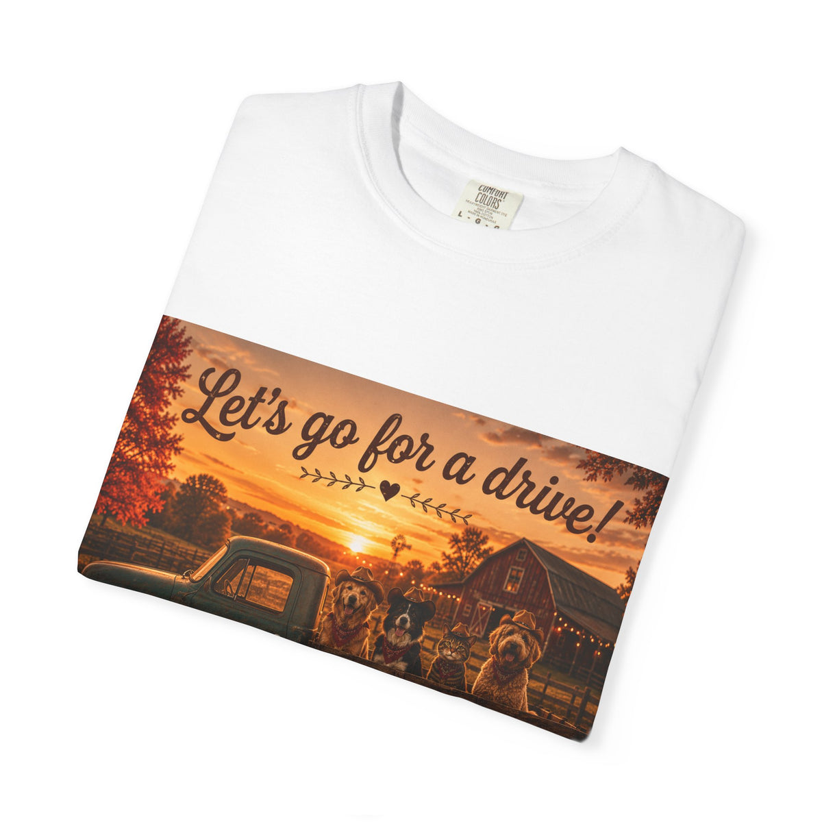 Let's Go for a Drive! | Barn Buddies™ Country Roads T-Shirt | Funny Dog & Cat Fall Shirt | Vintage Farmhouse Autumn Tee