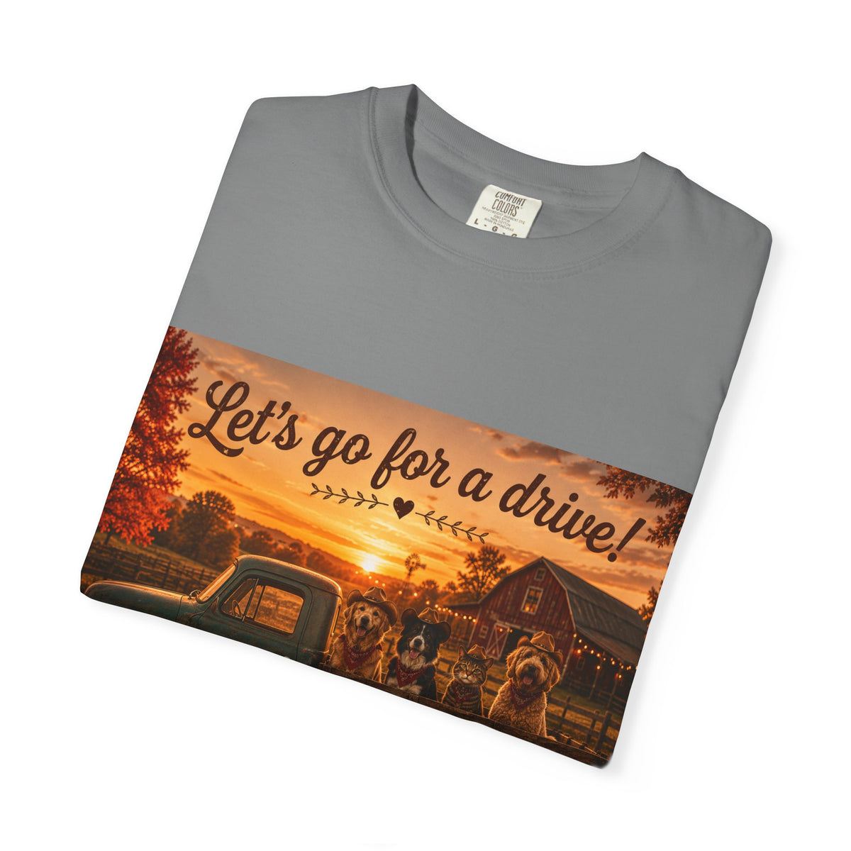 Let's Go for a Drive! | Barn Buddies™ Country Roads T-Shirt | Funny Dog & Cat Fall Shirt | Vintage Farmhouse Autumn Tee