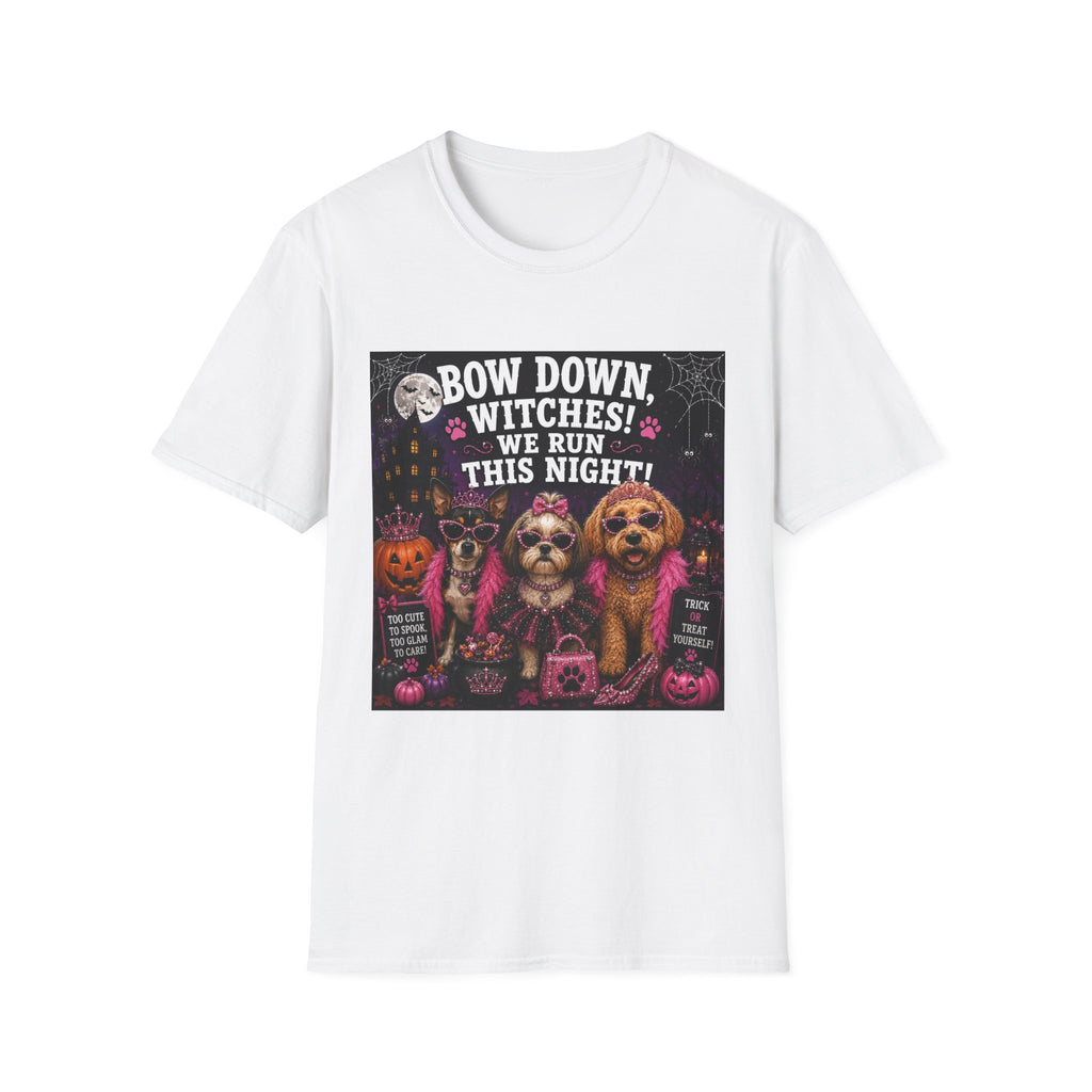 Funny Halloween Dog Shirt – Bow Down, Witches! We Run This Night! | Diva Dogs™ Halloween T-Shirt | Glam Dog Lover Tee | Dog Mom Gift