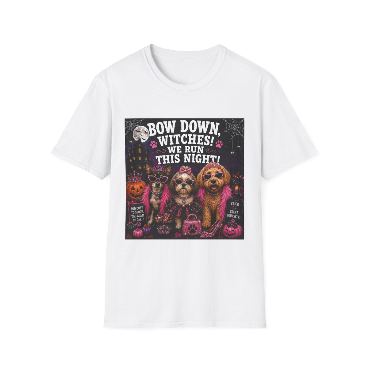 Funny Halloween Dog Shirt – Bow Down, Witches! We Run This Night! | Diva Dogs™ Halloween T-Shirt | Glam Dog Lover Tee | Dog Mom Gift