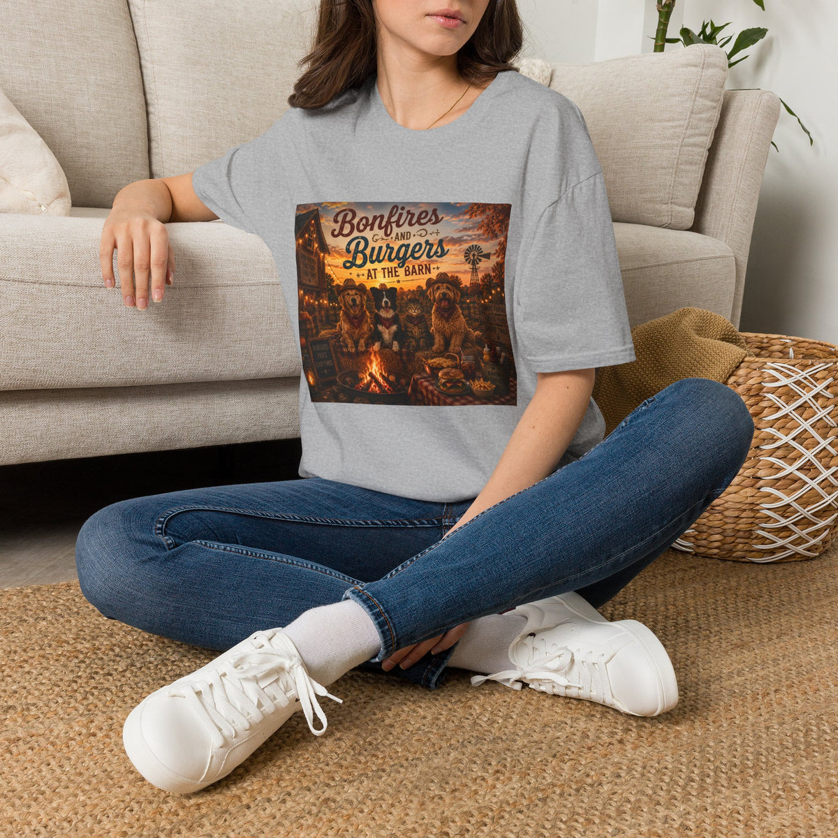 Bonfires & Burgers at the Barn | Barn Buddies™ Fall T-Shirt | Funny Country Dog & Cat Autumn Shirt | Farmhouse Bonfire Tee