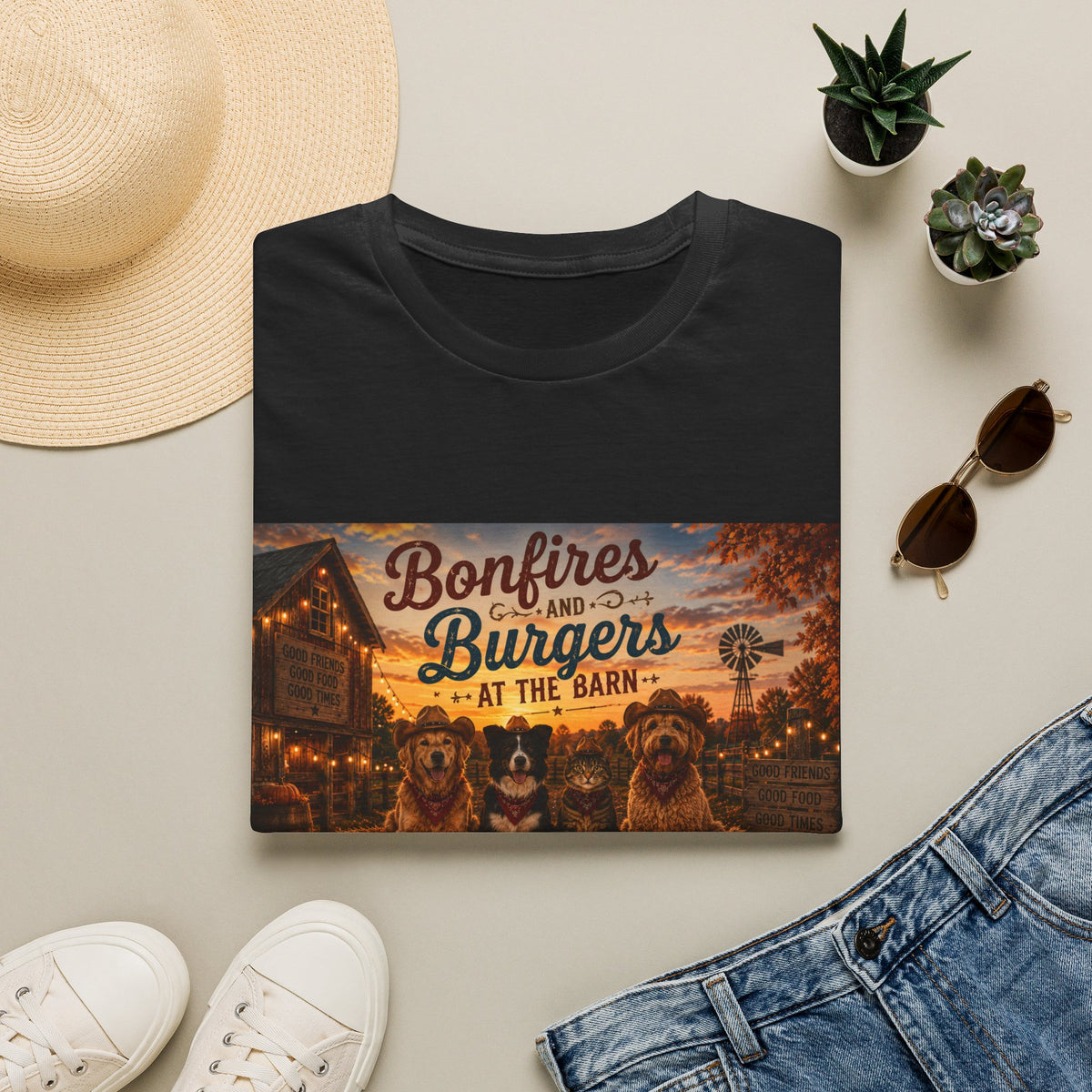 Bonfires & Burgers at the Barn | Barn Buddies™ Fall T-Shirt | Funny Country Dog & Cat Autumn Shirt | Farmhouse Bonfire Tee